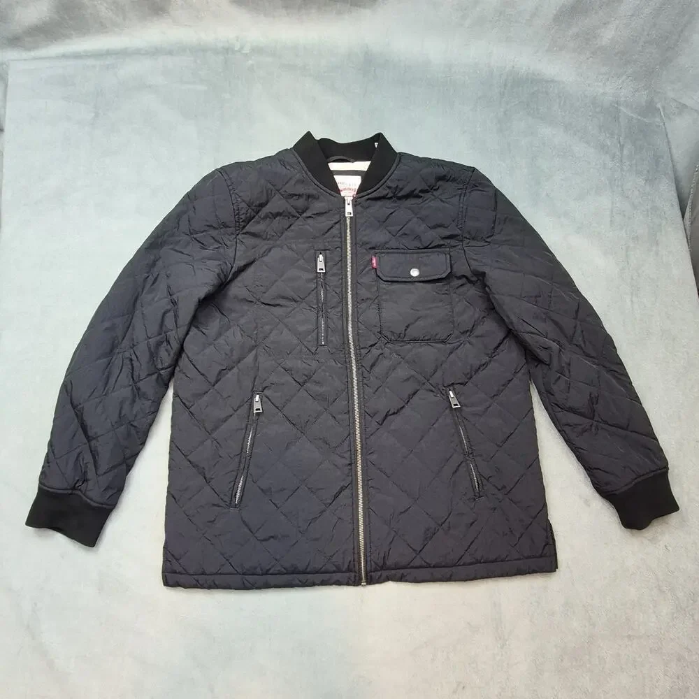 Levis Mens L Black Diamond Quilted Bomber Jacket Full Zip Lightweight Puffer